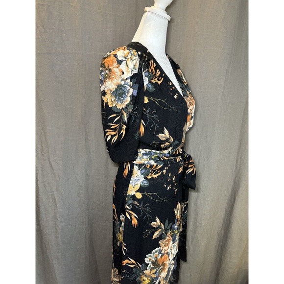 AFRM NORDSTROM Black Floral Midi Wrap Dress Womens Size Small Tie Waist NWT - Picture 4 of 16